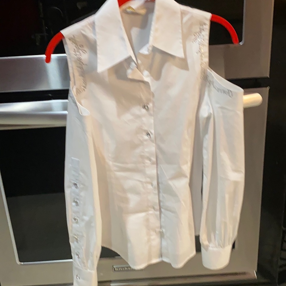 Cold shoulder. long sleeve blouse with Rhinestones